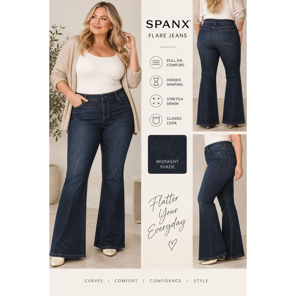 NWT SPANX 3X Petite Flare Jeans Dark Wash High Rise Pull On Stretch 70s Boho